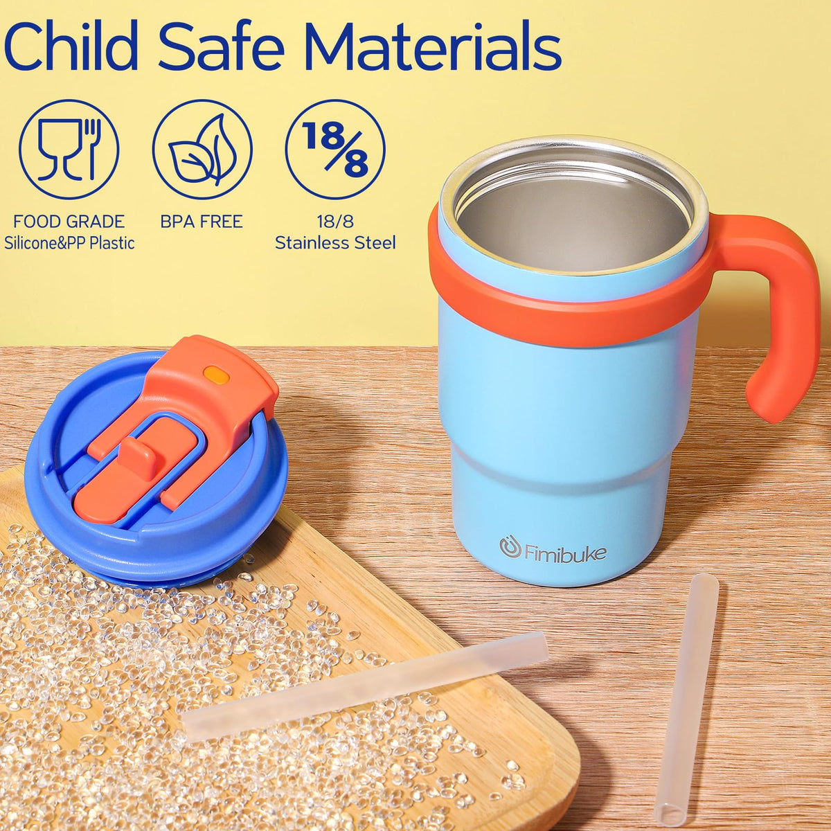 Fimibuke two-pack stainless steel cups with leak-proof lids for mess-free sipping.
