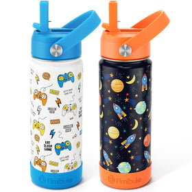 Fimibuke kids insulated bottle game pattern close-up shows vibrant colors and durable steel.