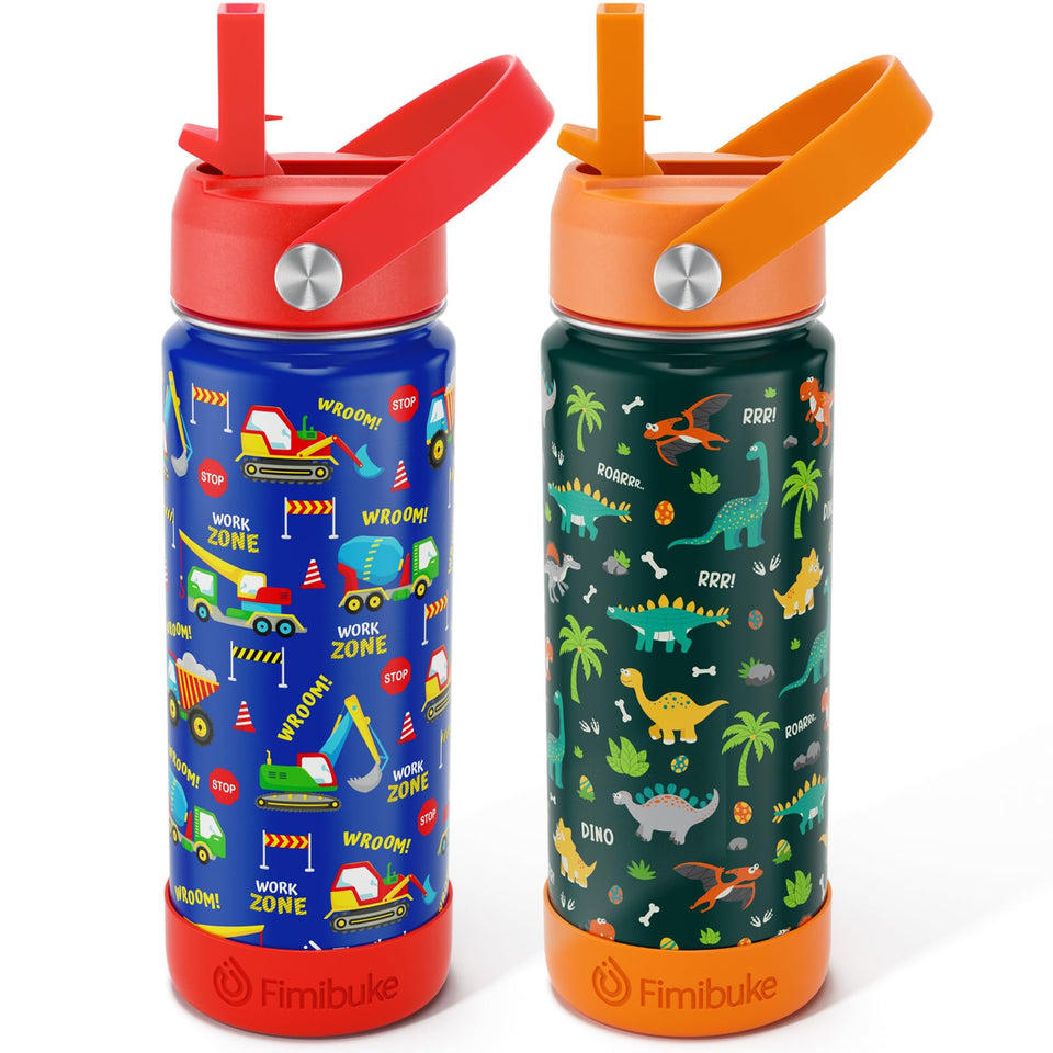 Fimibuke kids insulated bottle with dinosaur pattern for fun on the go hydration.
