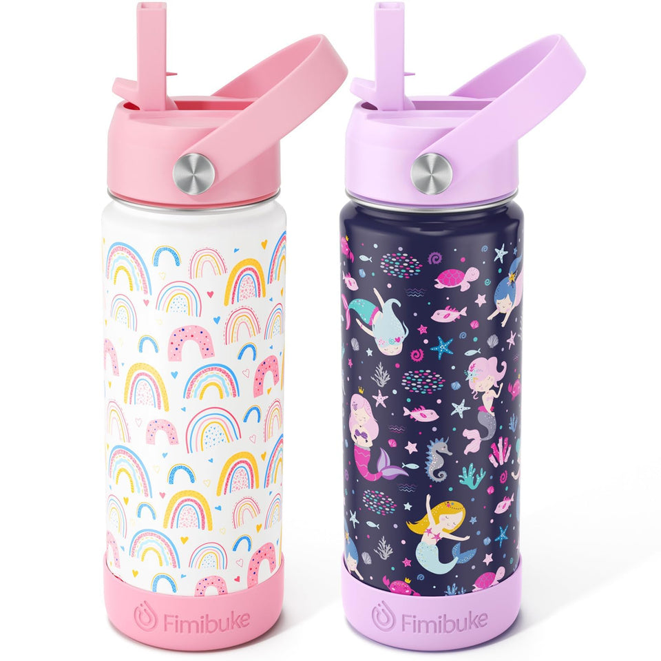 Fimibuke kids rainbow-pattern bottle, vibrant design keeps kids hydrated at school.