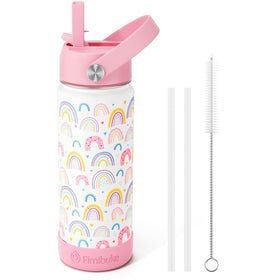 Fimibuke kids insulated bottle with rainbow pattern, keeps beverages cold for hours.