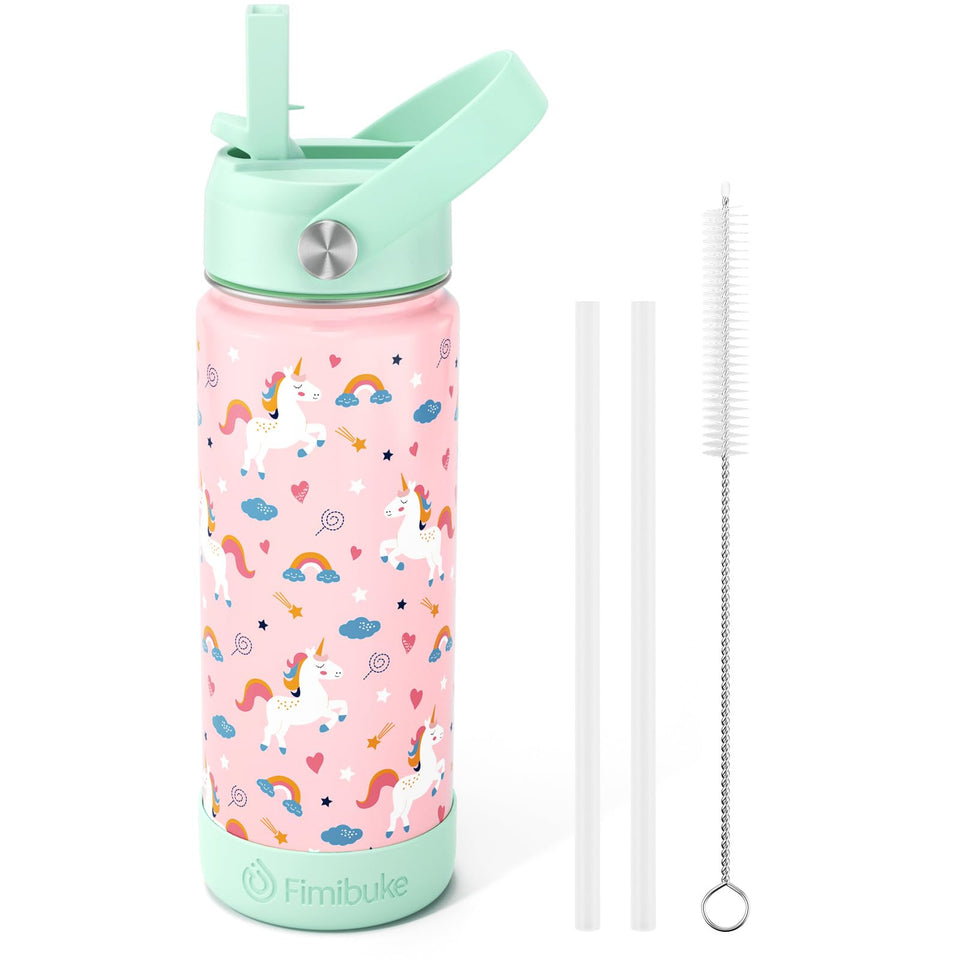 Fimibuke kids insulated water bottle unicorn design 18oz, ideal for school hydration.