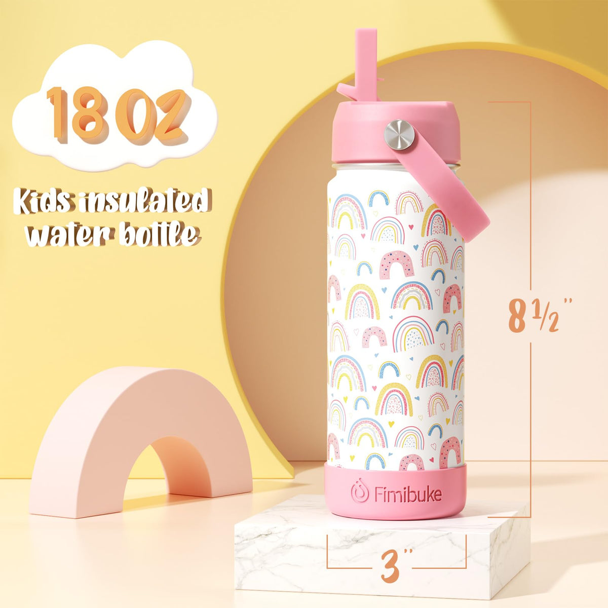 Fimibuke unicorn-pattern bottle highlighting leak-proof lid and kid-friendly grip.