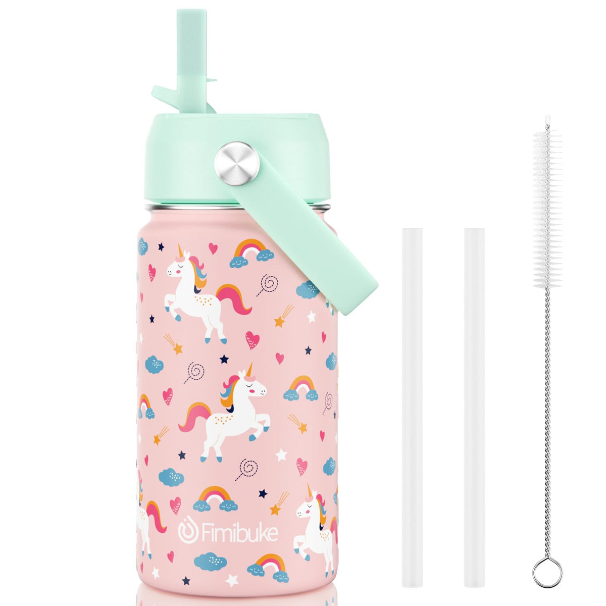 Fimibuke kids unicorn-pattern bottle with insulated design for on-the-go hydration.