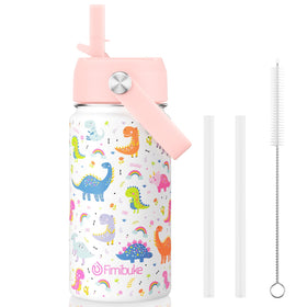Fimibuke kids water bottle with white dinosaur pattern, front view for quick recognition.