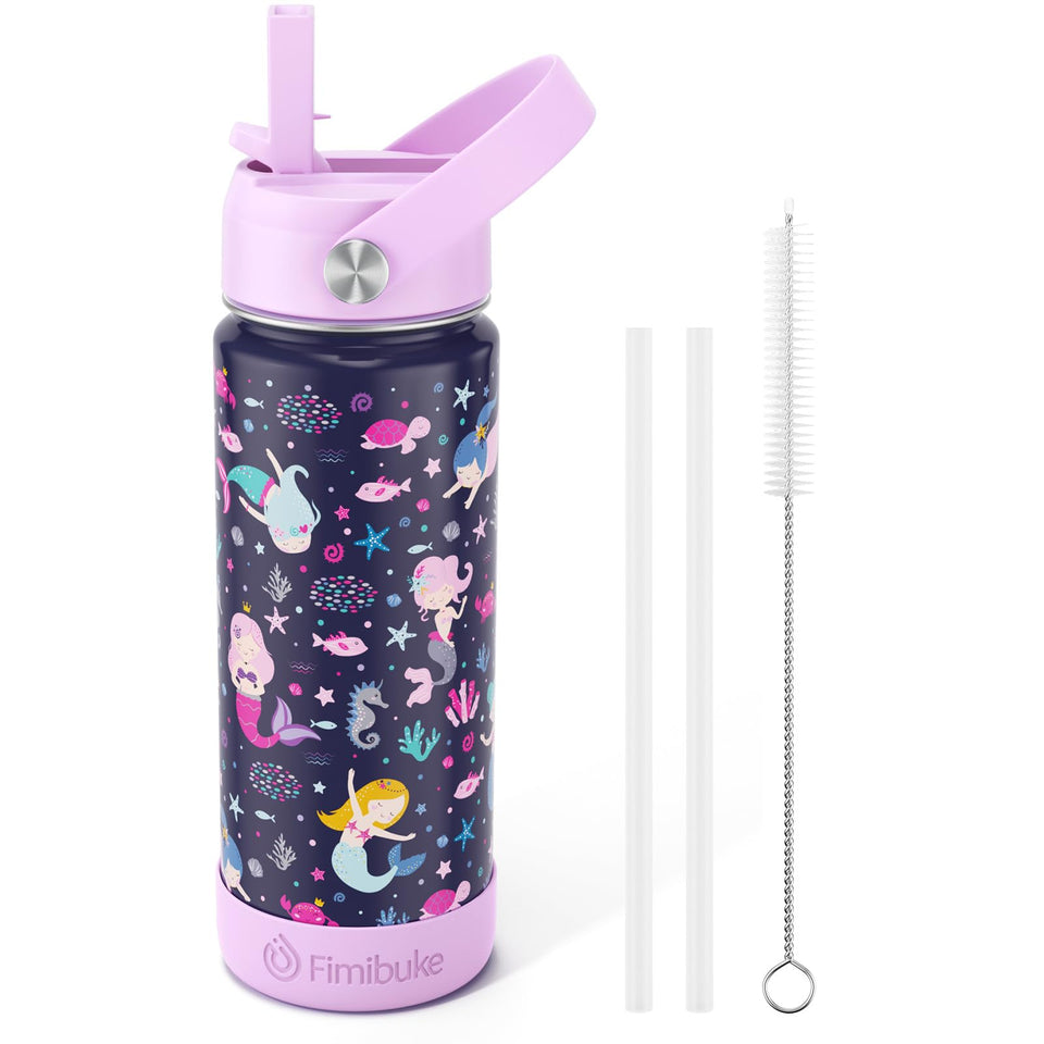 Fimibuke Mermaid bottle front view shows kid-friendly design and sturdy build for on-the-go use