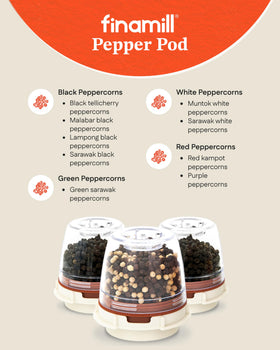 FinaMill Pepper Pod shown with compatible pods for quick spice swaps