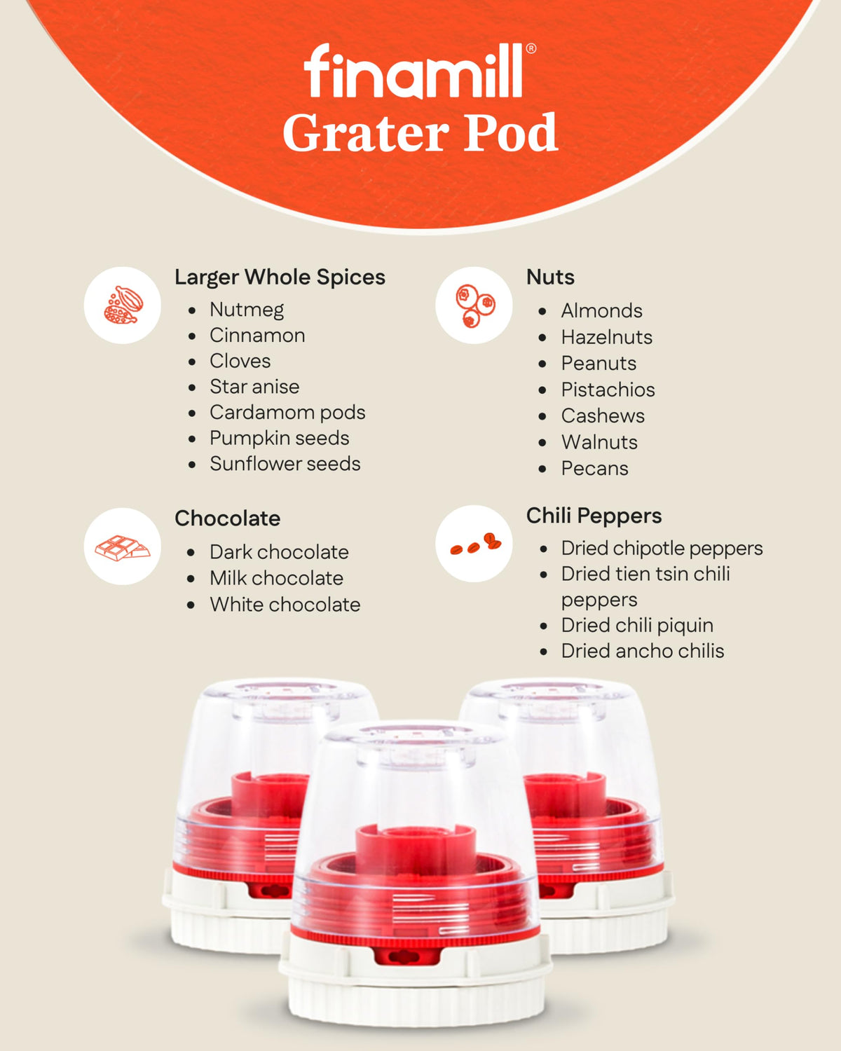 FinaMill Grater Pod storage stack keeps pods organized and ready