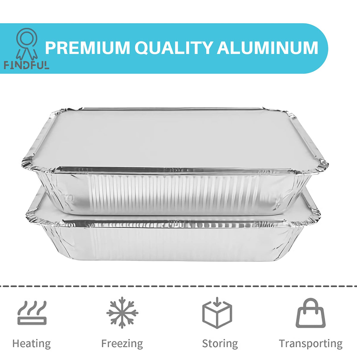 Findful aluminum pans with cardboard lids for secure, mess-free storage.