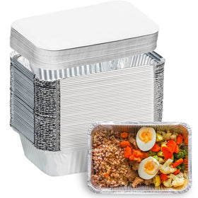Findful aluminum pans with lids ready for quick meal prep and easy transport.