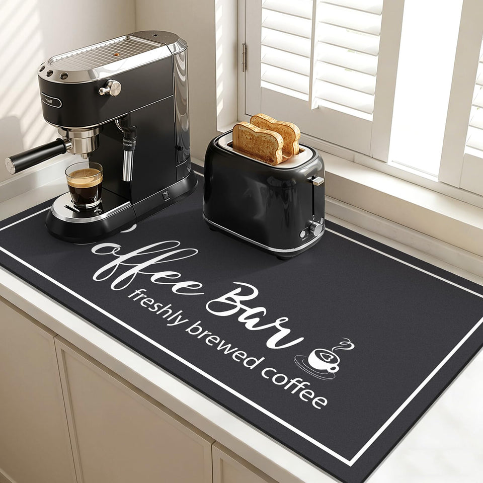 Findosom dish drying mat with coffee-bar design soaks spills quickly on countertops.