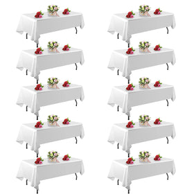 FindYou 10-pack white tablecloth on a rectangular dining table for quick party setup