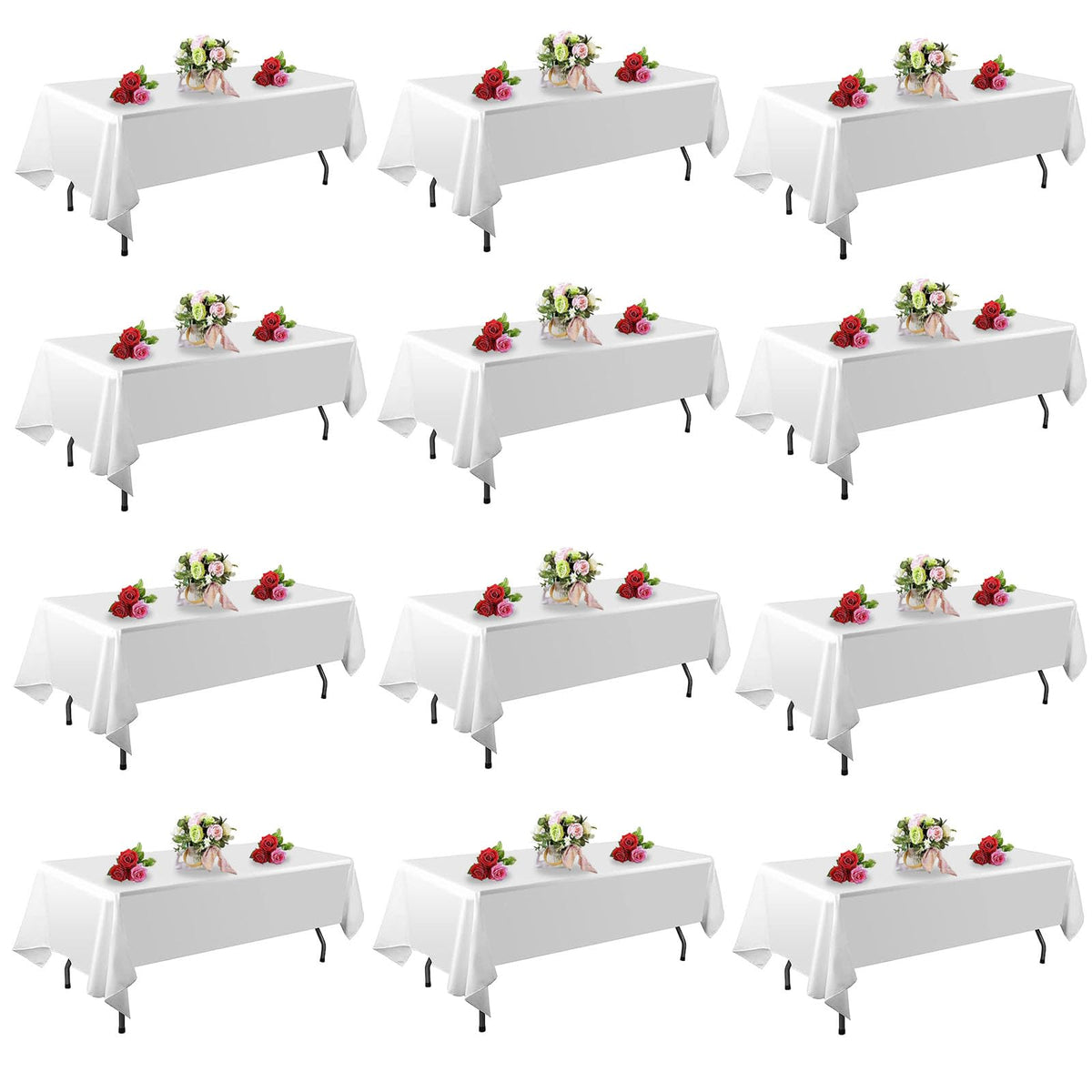 FindYou 12-pack white tablecloth 60x102 inch on a rectangular table for clean party setup.