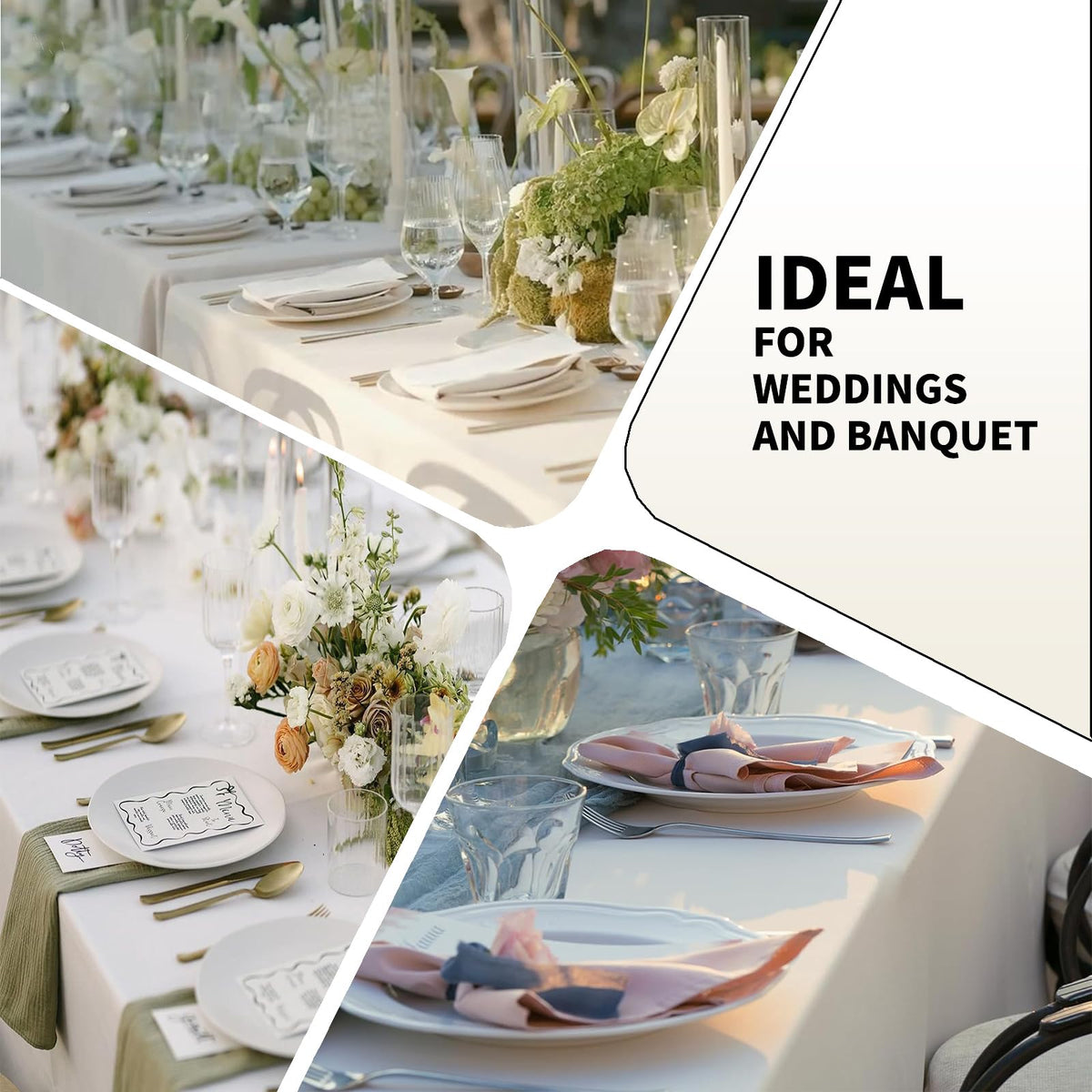 FINDYOU Ivory tablecloth shown as machine washable and easy to care for.
