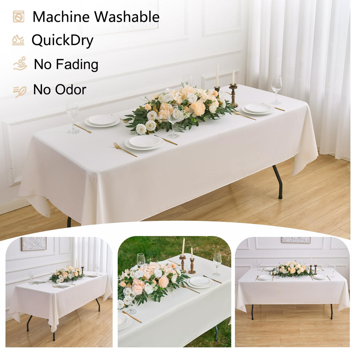 FINDYOU Ivory tablecloth at a wedding dining setting.