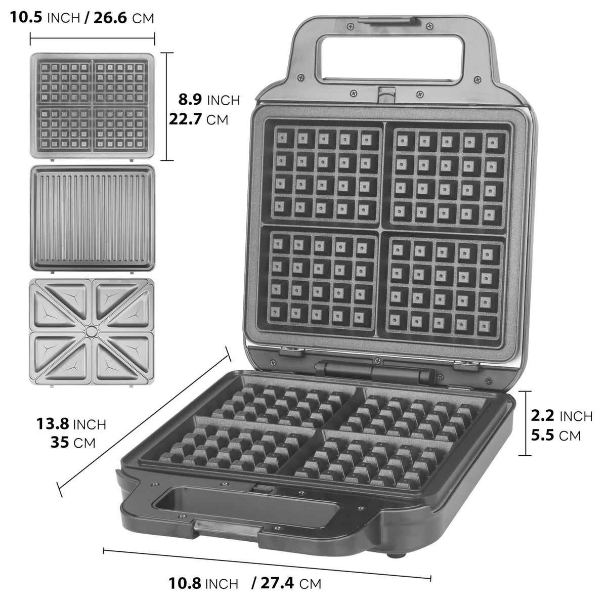 FineMade 3-in-1 versatility for waffles, sandwiches, and grilled meats.