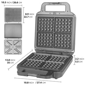 FineMade 3-in-1 versatility for waffles, sandwiches, and grilled meats.