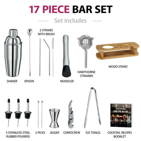 FineDine bar tools neatly displayed on wooden stand for organized home bar