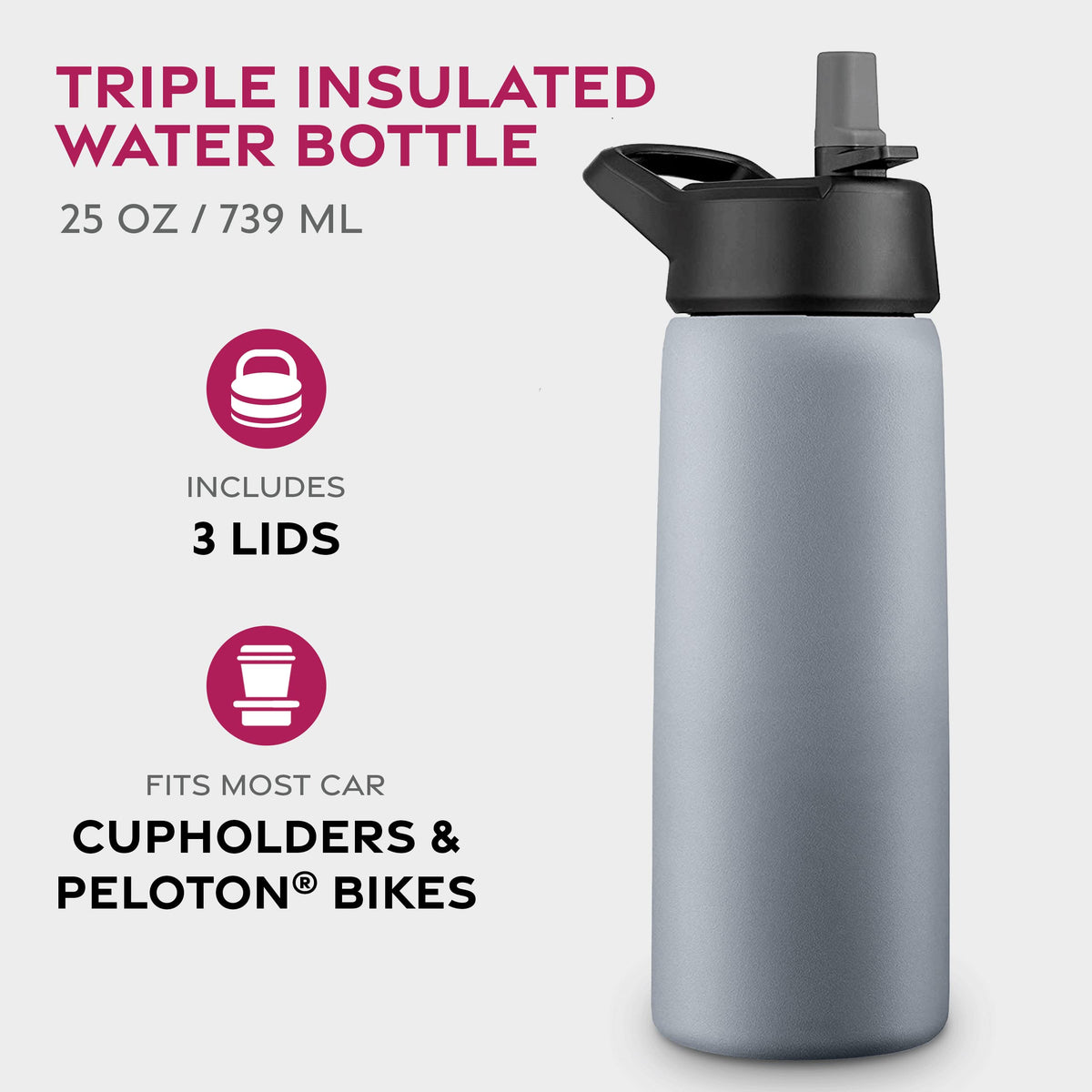 FineDine bottle with three lids for hot, cold, and ice drinks.