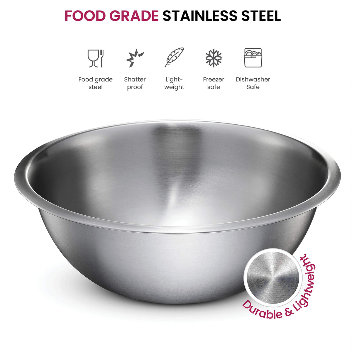 FineDine mixing bowls labeled as dishwasher safe for easy cleanup.