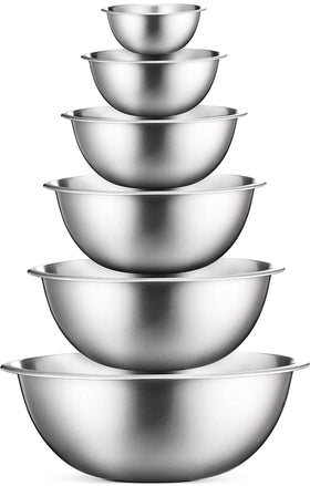 FineDine six-piece stainless steel mixing bowls set for versatile prep and kneading.