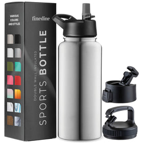 FineDine Water Bottle with brushed stainless full view, durable daily hydration companion.