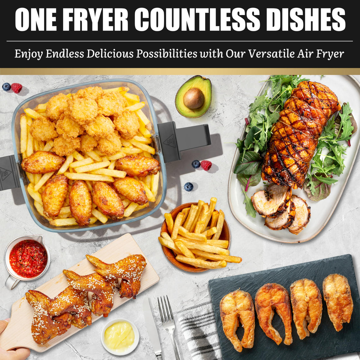FineMade 12-in-1 glass air fryer basket inside, spacious 4.5-quart