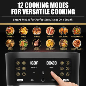 FineMade 12-in-1 glass air fryer digital display shows presets
