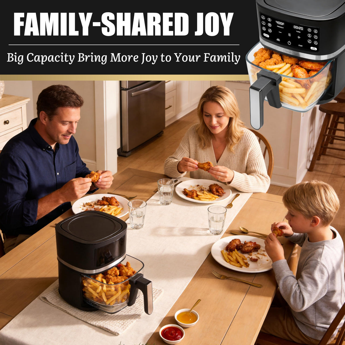 FineMade 12-in-1 glass air fryer easy cleaning, dishwasher-safe basket