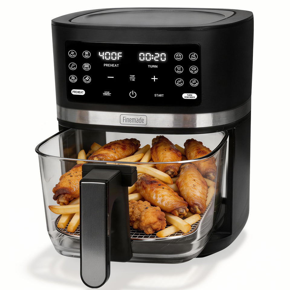 FineMade 12-in-1 glass air fryer front view for counter-ready performance