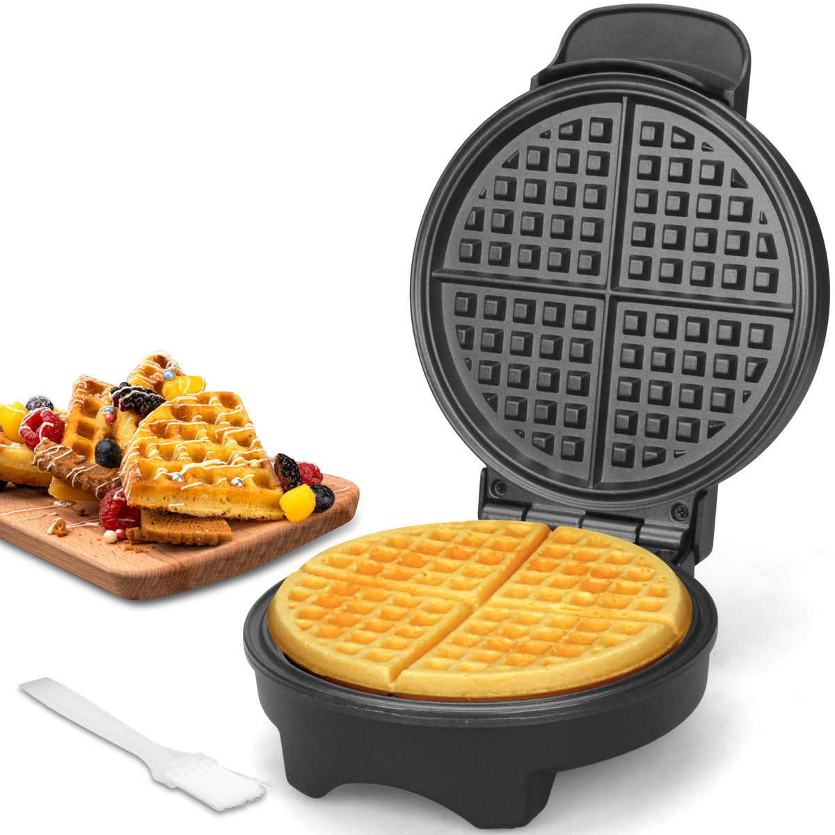 FineMade 7-inch round waffle maker offers compact design for quick waffles at home.