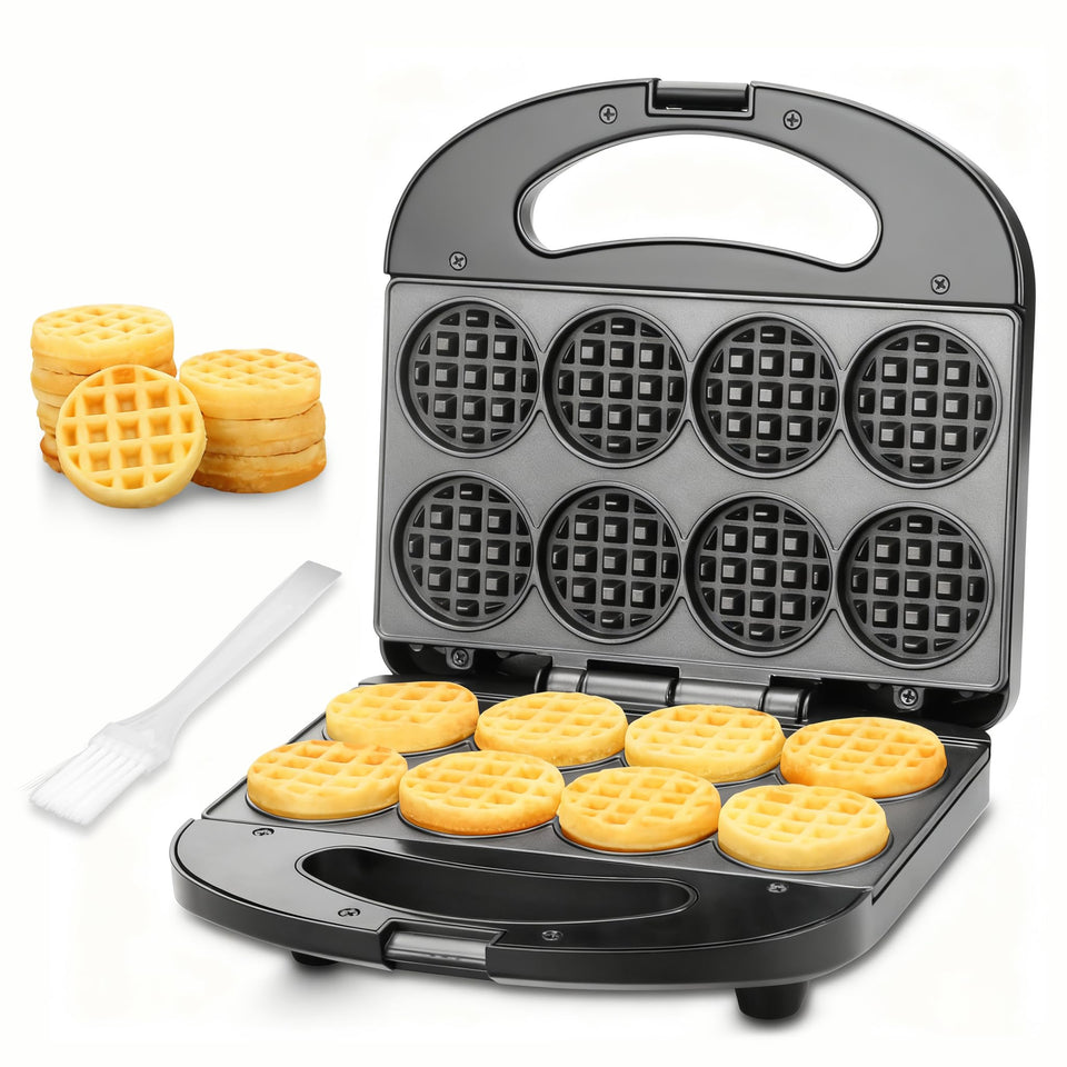 FineMade Mini Waffle Maker open view highlighting compact storage.