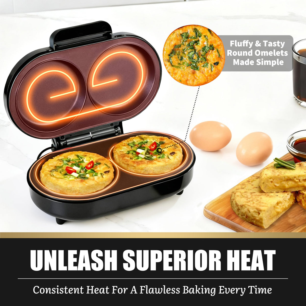 Ready-to-cook indicator light on FineMade Omelette Maker helps timing.