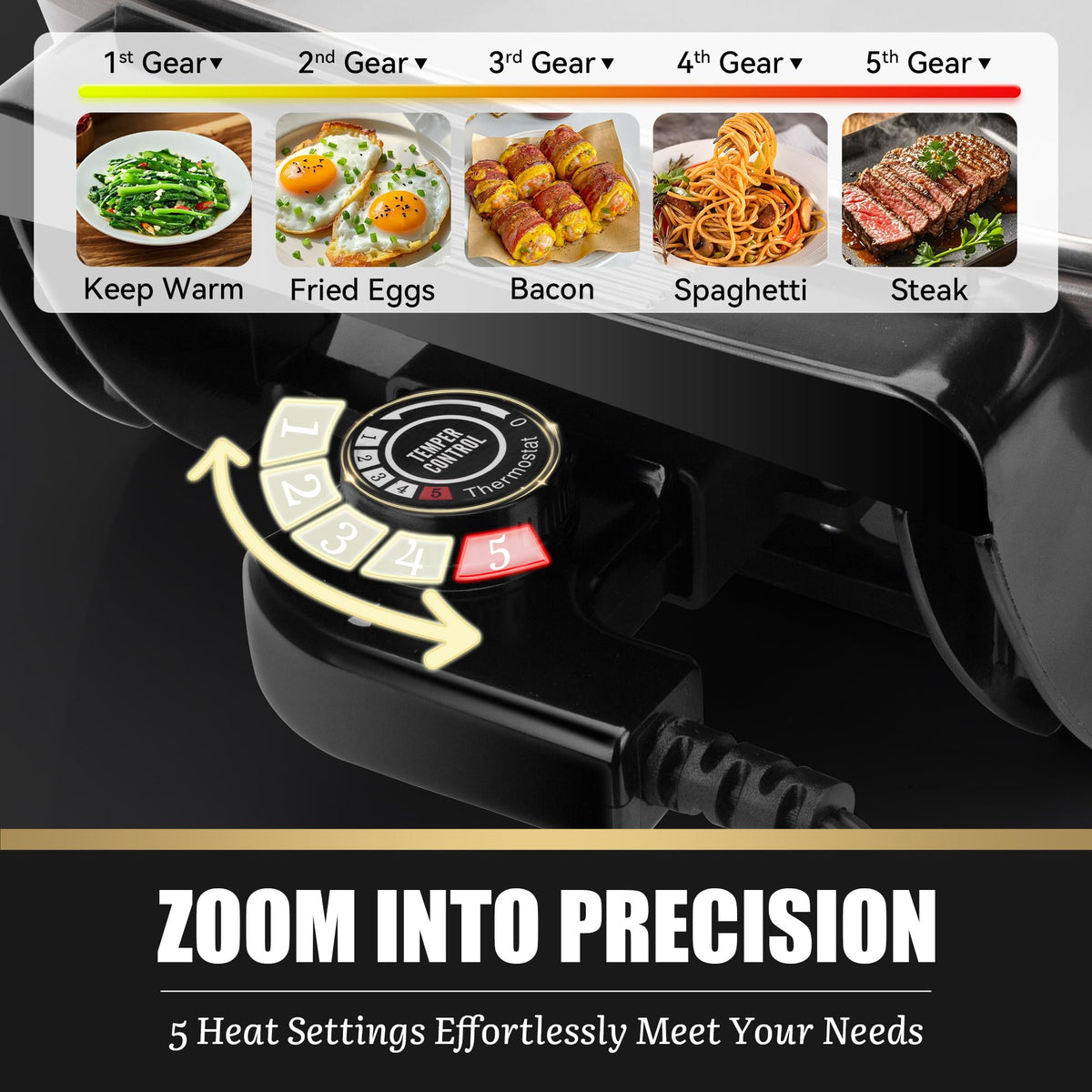 FineMade temperature dial demonstrates precise 5-level control for varied recipes.
