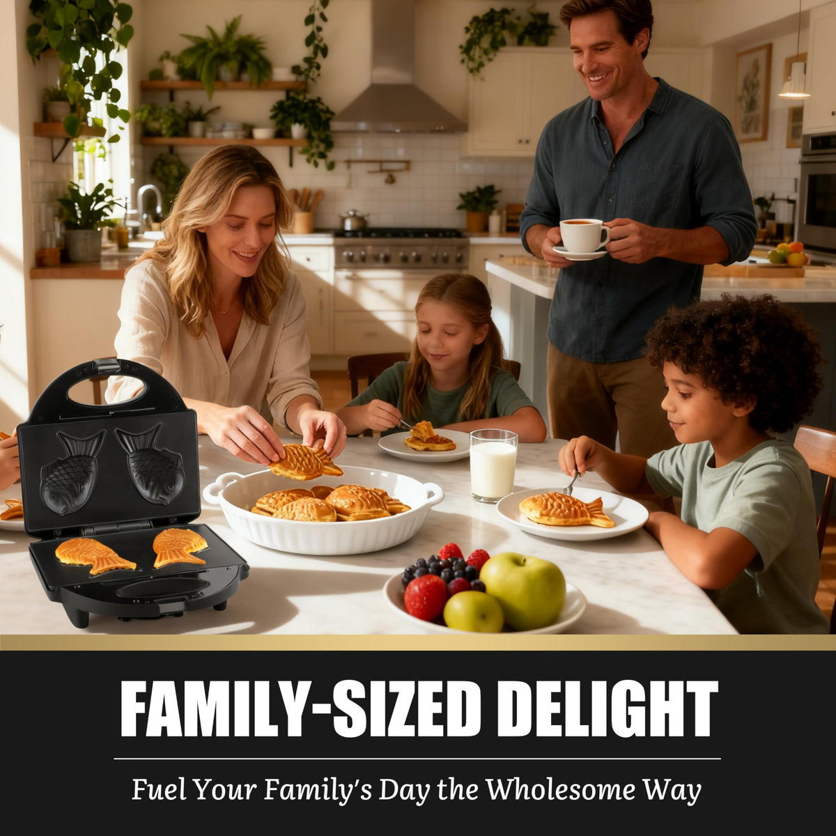 FineMade Taiyaki family-friendly setup, kids enjoy mini fish waffles as a snack.