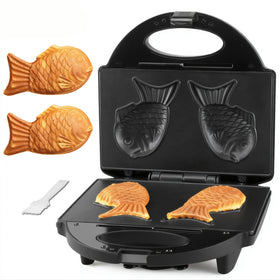FineMade Taiyaki iron front view, compact countertop appliance for two snack-sized waffles.