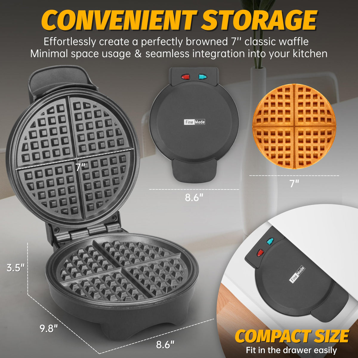 FineMade waffle maker indicator light signals when preheated and ready.