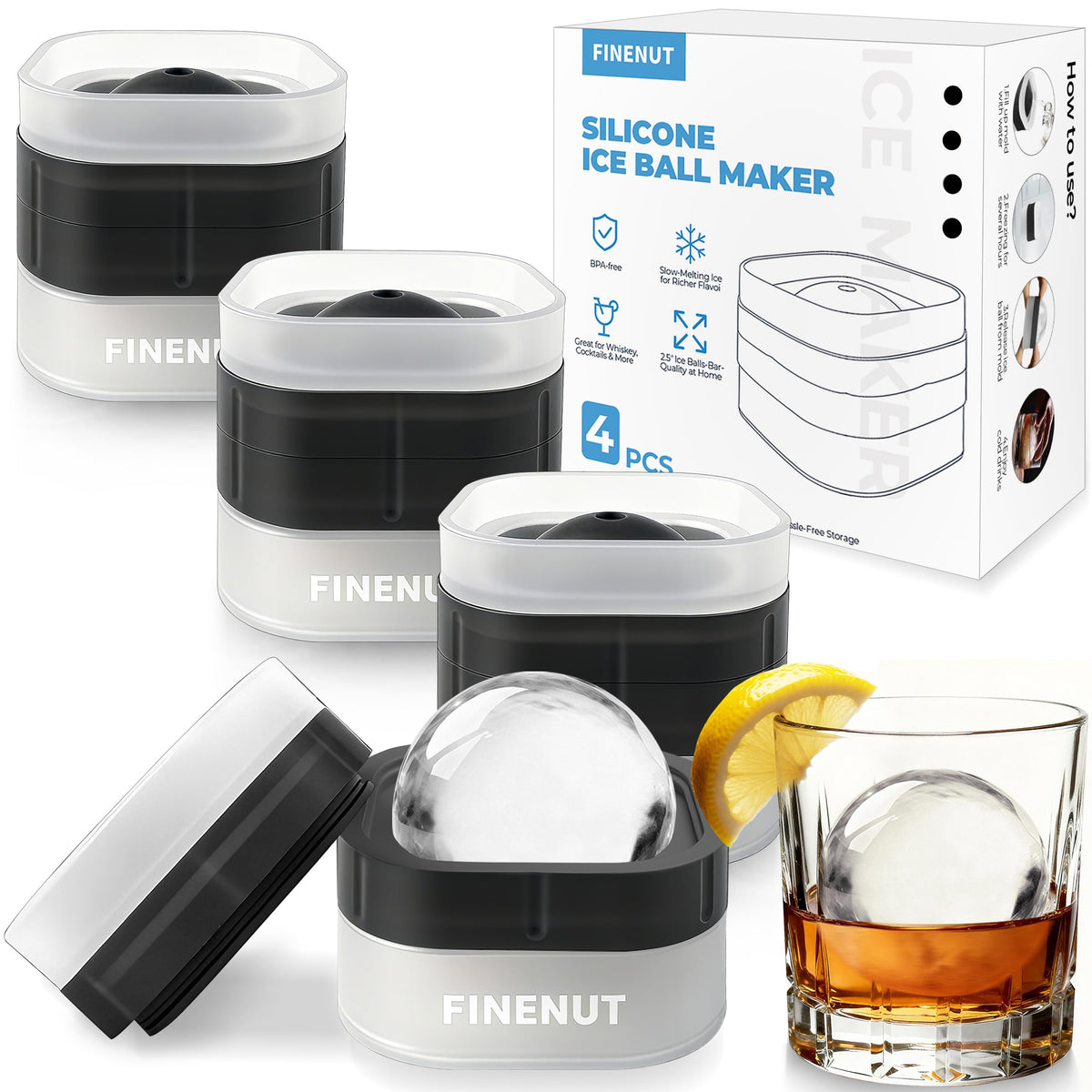 FINENUT Easy Release Ice Ball Mold 4-pack; easy removal for smooth ice spheres