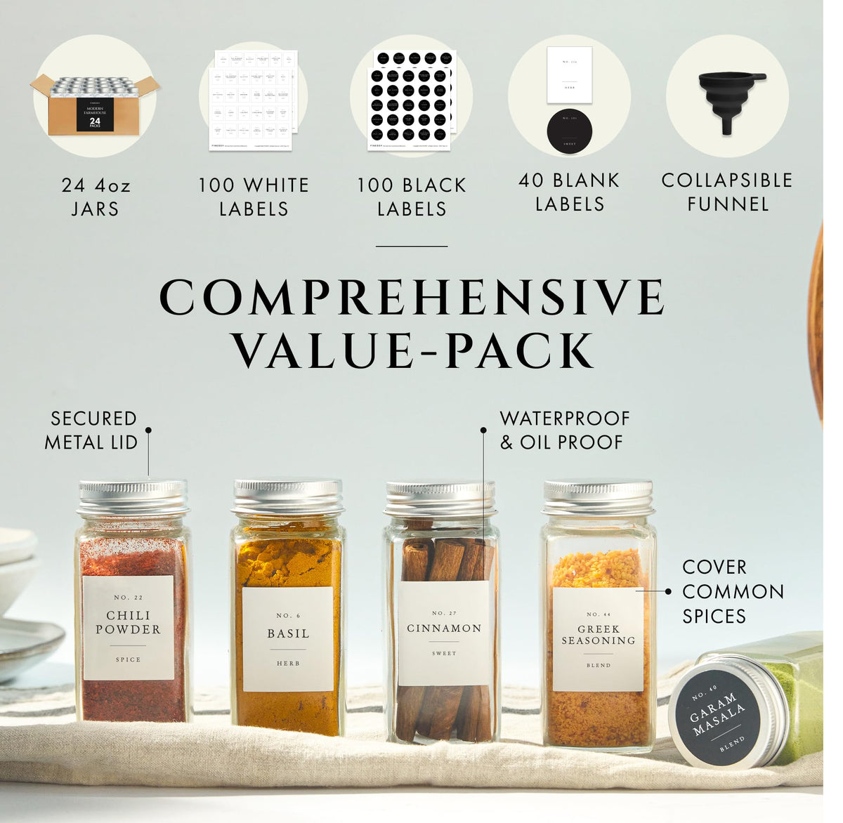 FINESSY airtight metal lids preserve aroma and freshness of spices