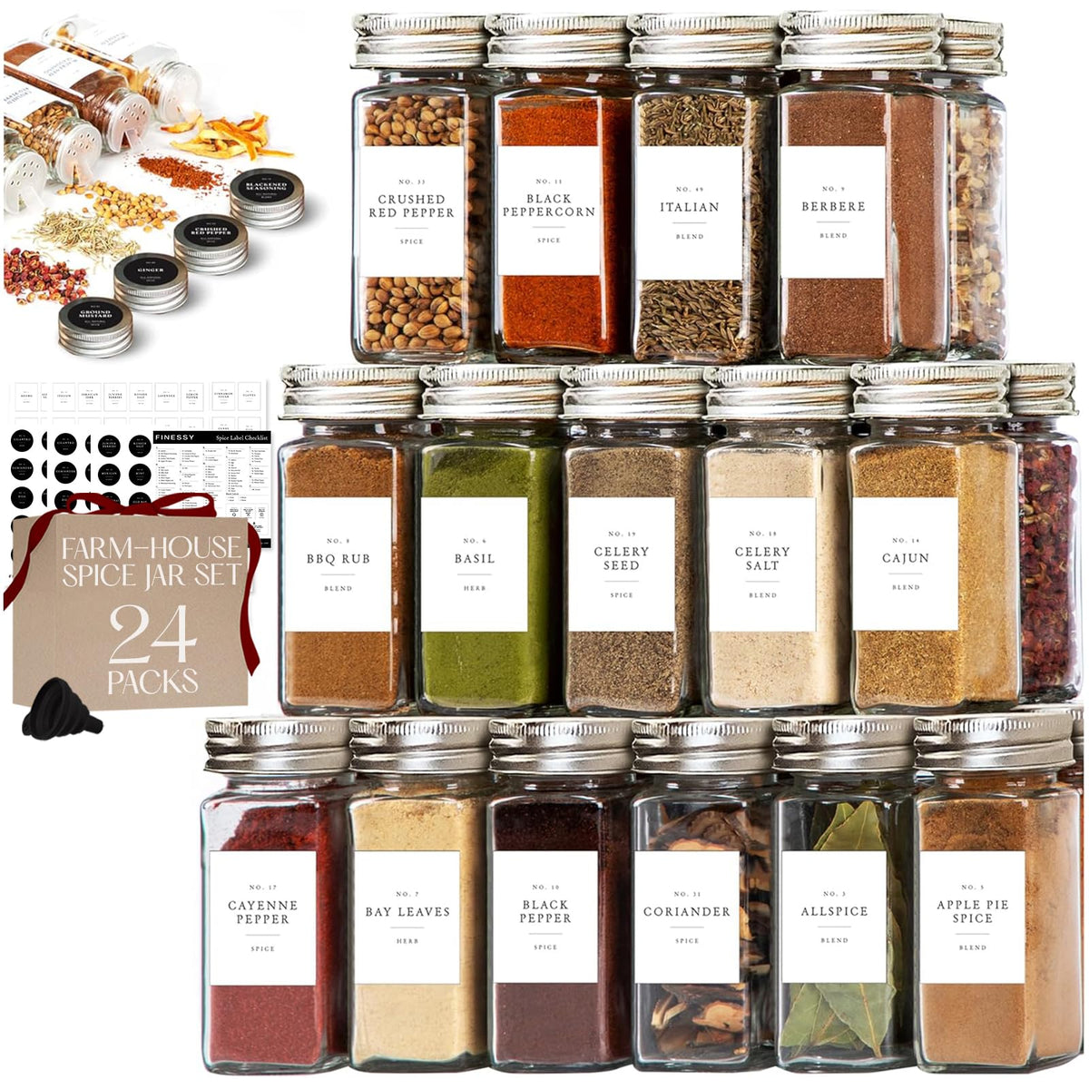 FINESSY glass spice jars with labels and metal lids for organized pantry storage