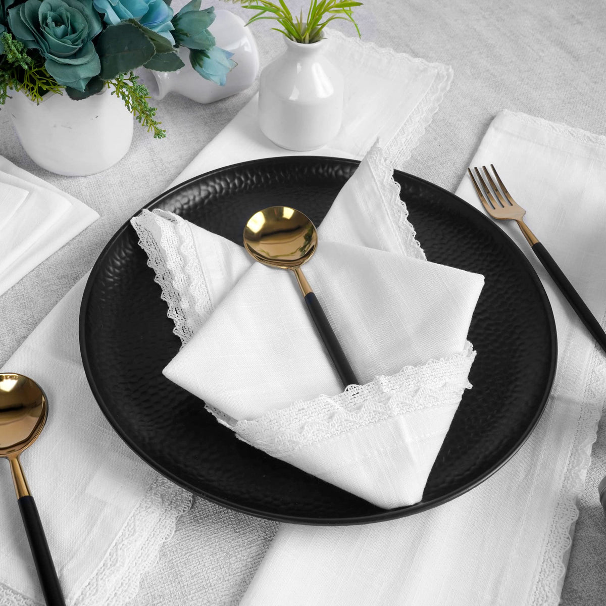 FINGERCRAFT napkin lace edges and mitered corners, adds vintage elegance to tables