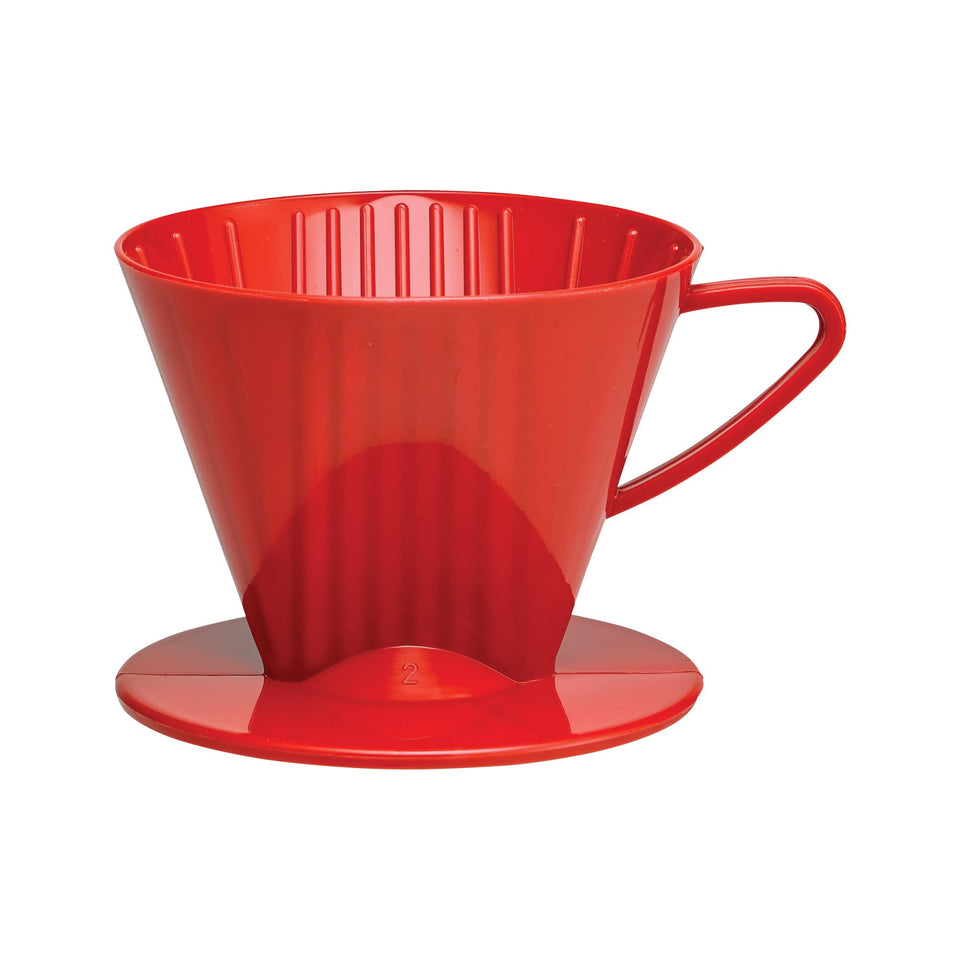 Fino Pour-Over Cone in red over a mug for a fresh, aromatic brew