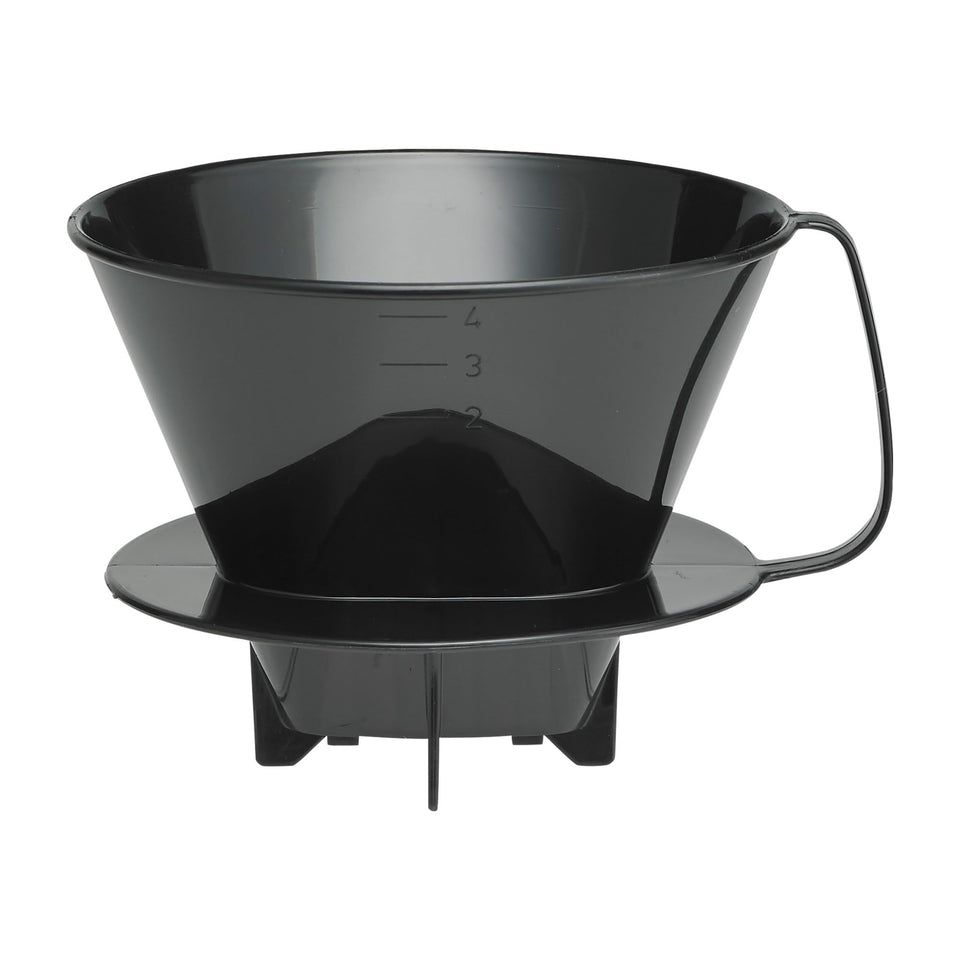 Fino pour-over cone number 4 over mug in black for rich, aromatic coffee.