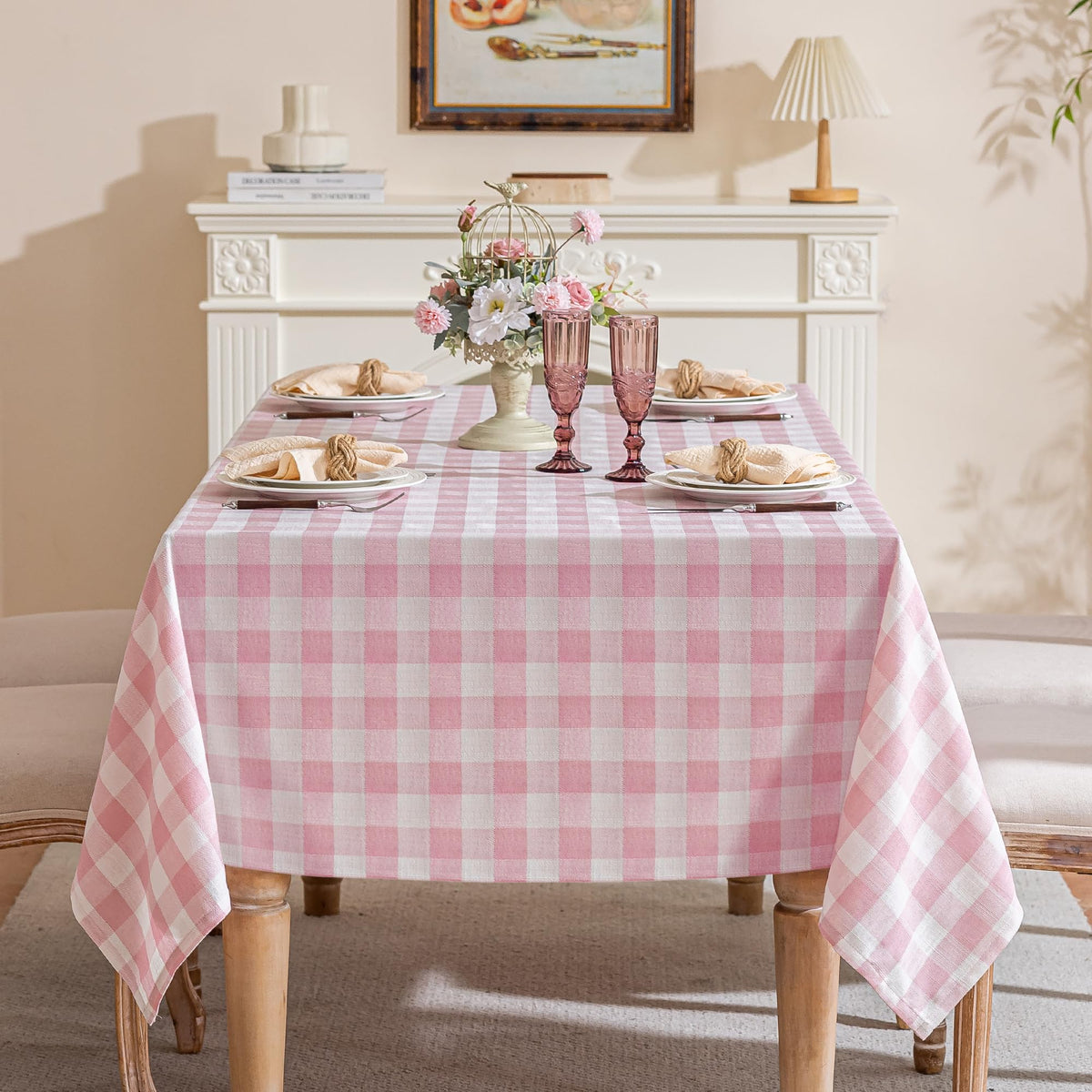 Fiokle tablecloth draped over a rectangular table showcases elegant coverage.