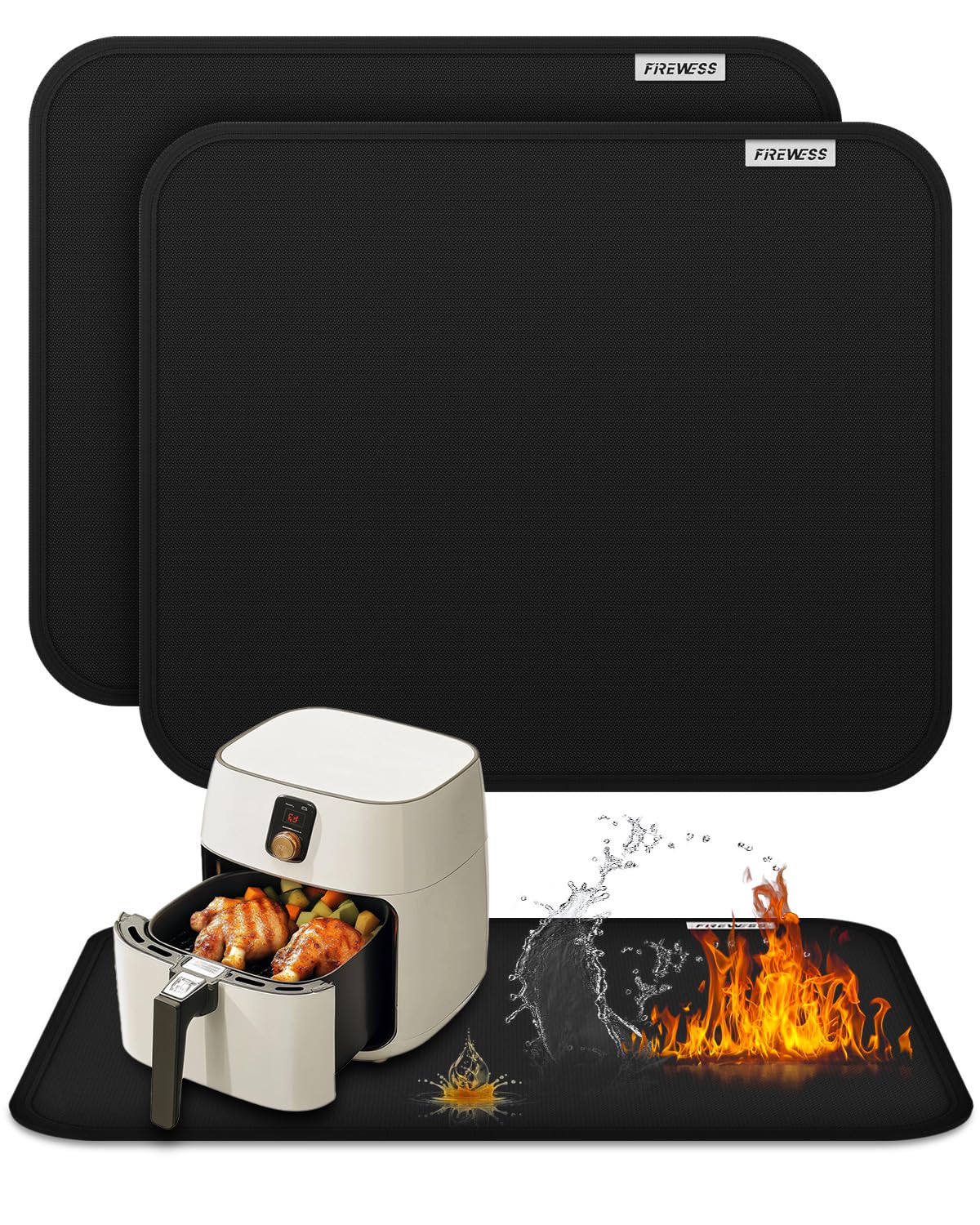 FireWESS two-pack heat-resistant mat placed under an air fryer to protect countertops from heat.