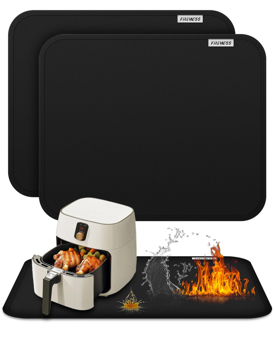 FireWESS two-pack heat-resistant mat placed under an air fryer to protect countertops from heat.