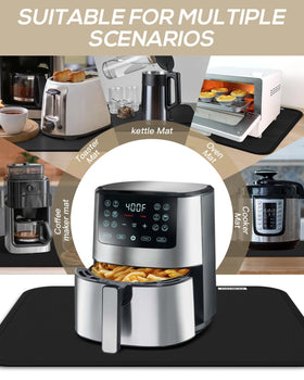 FireWESS durable heat shield mat in busy kitchen with air fryers and microwaves.