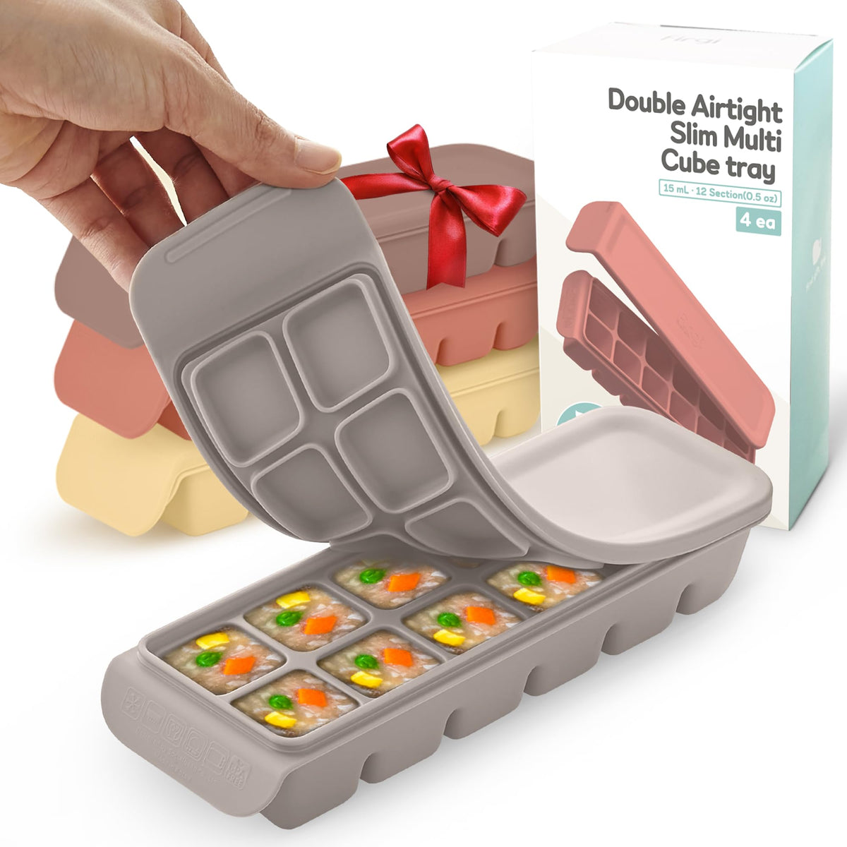 Firgi silicone ice cube tray with lid showing four trays for baby meals and drinks