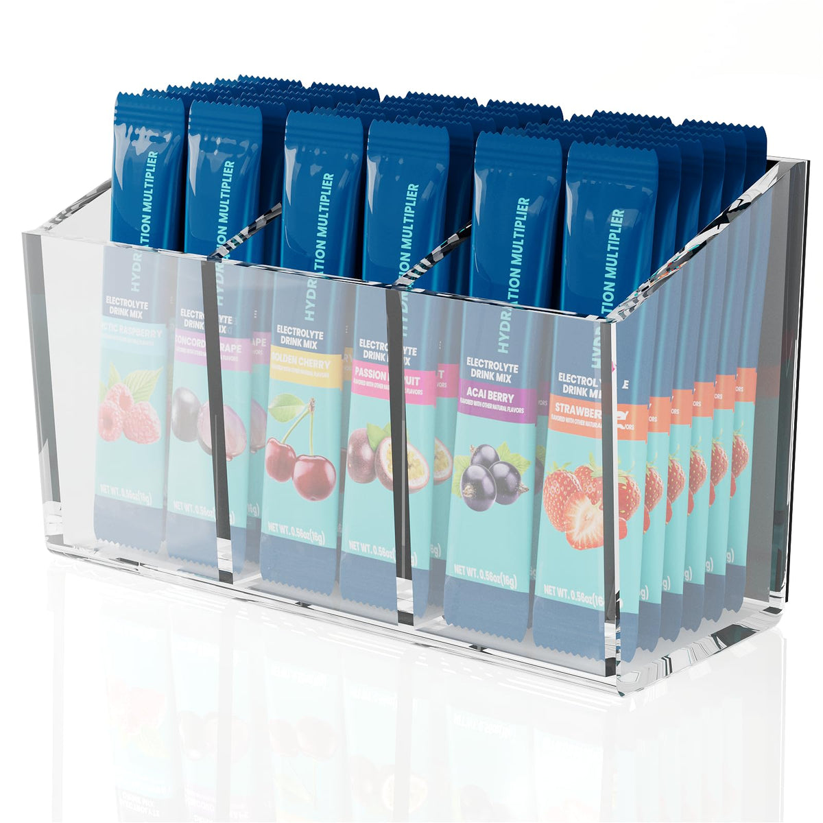First-zgel drink packet organizer on a magnetic fridge surface for tidy, ready-to-grab packets.