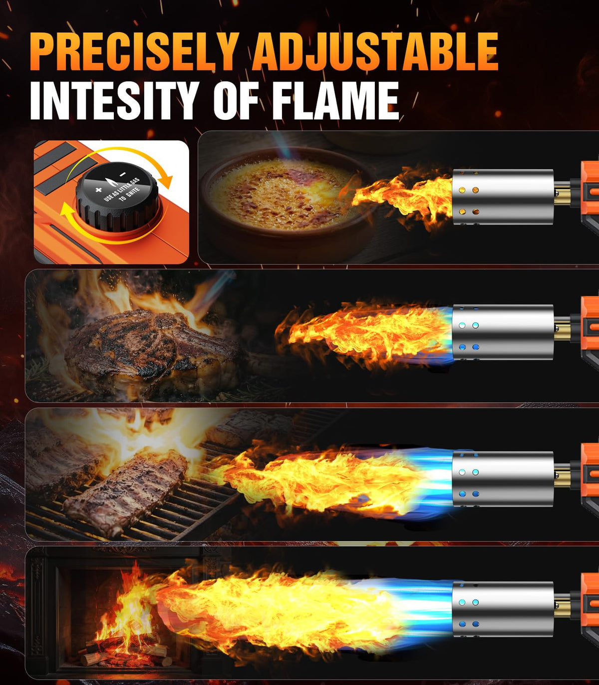 FISHOAKY adjustable flame-control knob for customizing heat and flame size.